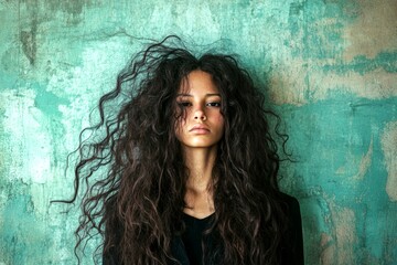 Fototapeta premium Pretty calm mixed-race girl - for ads, brochure and digital use. Commercial digital ads concept design idea idea. Long trim - curly hair. Vibrant hair portrait styles. African beauty concept.