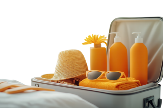 Open suitcase packed with summer essentials. PNG transparent.