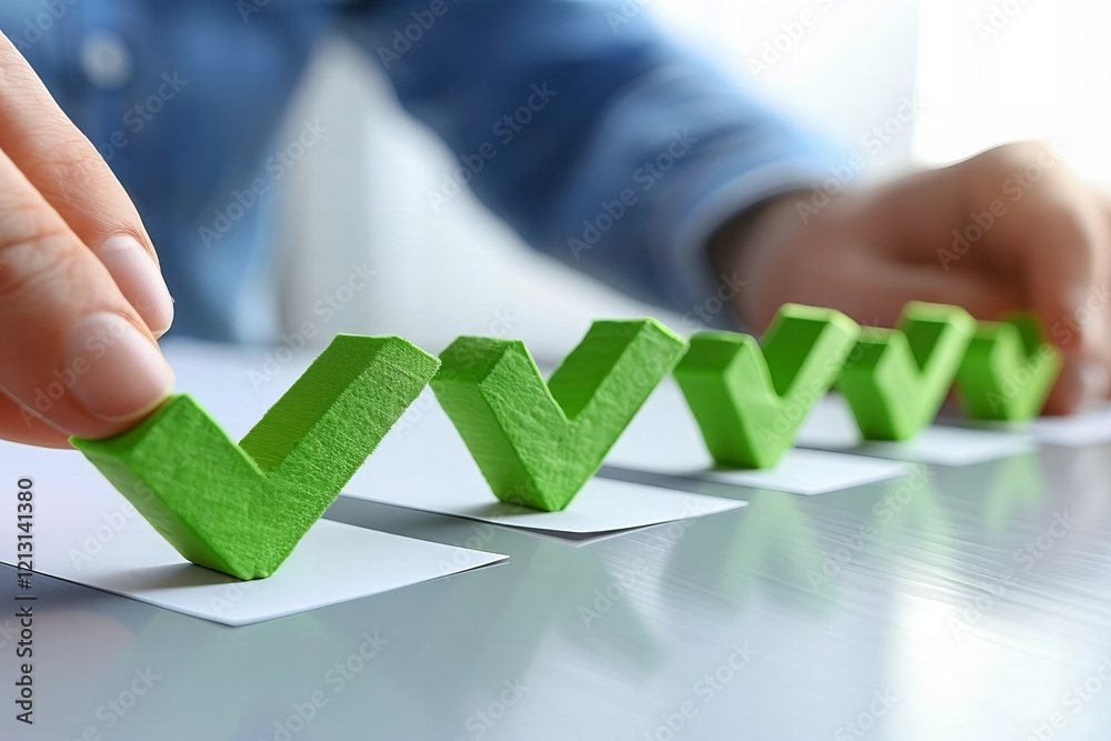 Aufkleber arranging green check marks in a row: a close-up of a hand