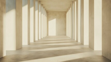 Fototapeta premium Sunlit minimalist hallway with columns and beige walls.