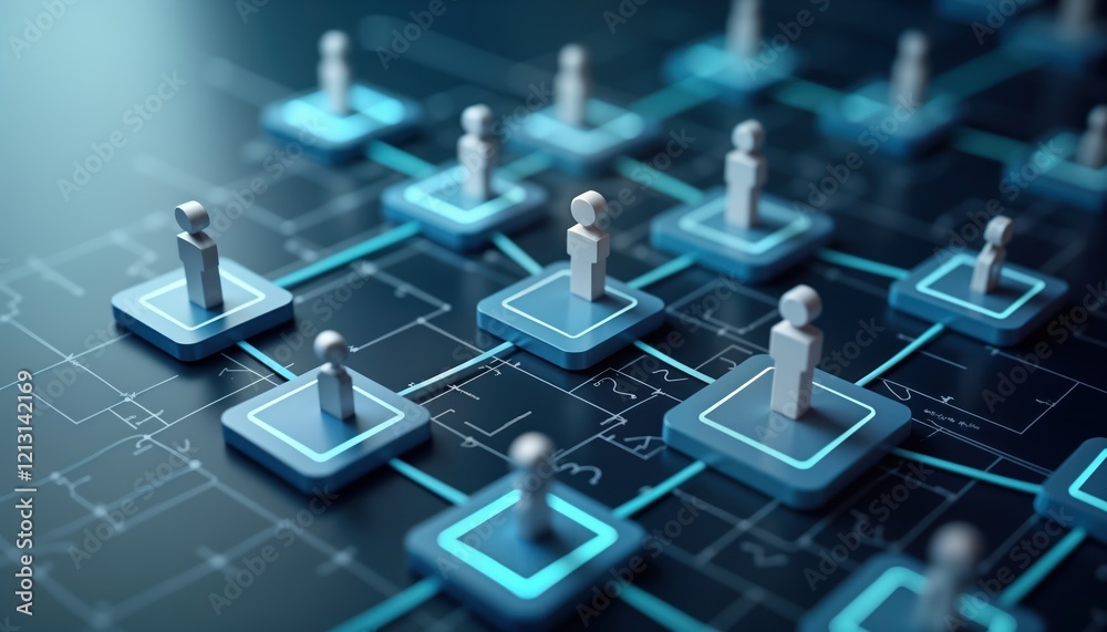 Poster Illustration of streamlined business operations. Small figures connected by lines show team workflow, hierarchy. Modern tech solutions improve team management. Efficient operations create productive