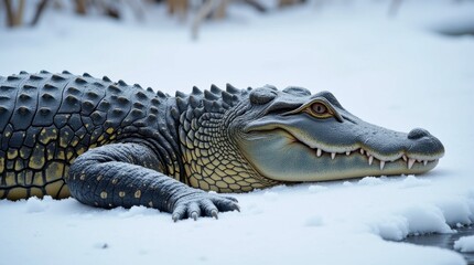Fototapeta premium Powerful Crocodile Basking in Snowy Landscape