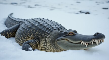 Obraz premium Powerful Crocodile Basking in Snowy Landscape