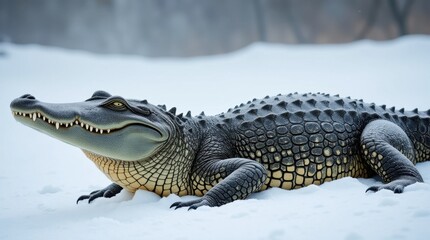 Fototapeta premium Powerful Crocodile Basking in Winter Snow