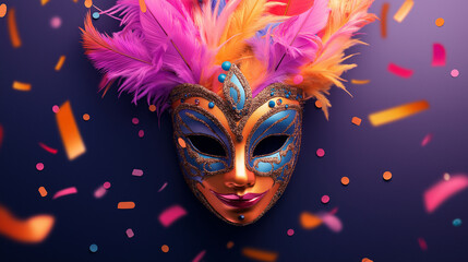 Colorful Venetian mask with feathers and confetti