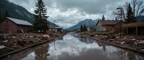 Fototapeta premium Flooded mountain village road with debris and houses