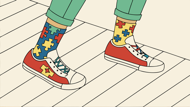 Canvas shoes with puzzle piece socks representing autism awareness, casual wear against wooden floor. Concept of healthcare, disability awareness, inclusive fashion - Powered by Adobe