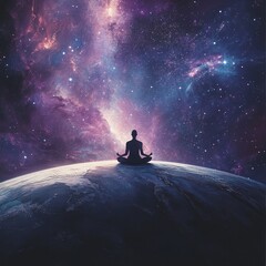 Meditation on a distant planet under a vibrant cosmic backdrop at twilight
