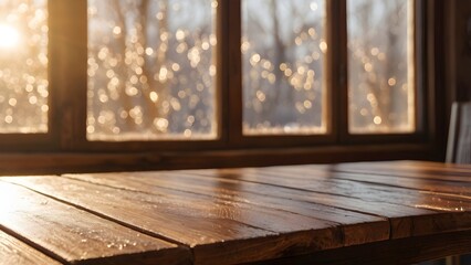 Rustic table surface with frosted window and sunlight streaming through. Soft bokeh background effect.