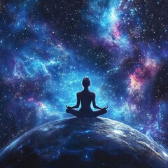 Obraz premium Meditative figure surrounded by a cosmic backdrop on a planet with swirling colors of the universe