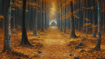 Fototapeta premium Autumnal path leading to a secluded cabin in a mystical forest.