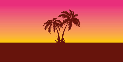Obraz premium Sunset with beach and palms. Vacation time. Beach and Summer background. Trendy colorful Sunset with palm treess silhouette. Vector illustration. Ideal for print, poster, wallpaper, fabric, fashion.