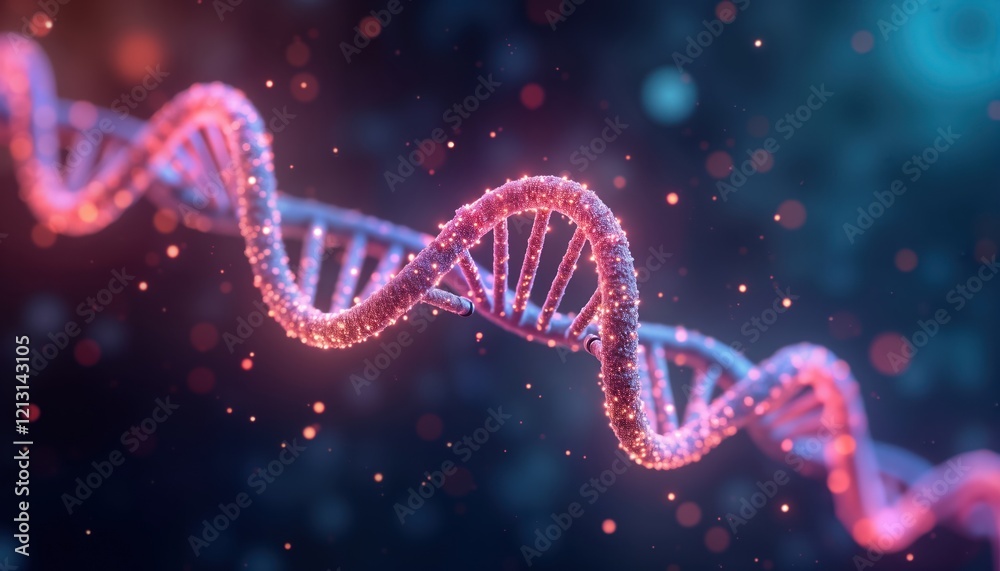 Poster Luminous DNA helix glows in dark cosmic background. Abstract representation of genetic structure. Vibrant colors illuminate microscopic molecular structure. Image evokes mystery, wonder about life,