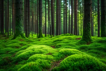 Lush green moss covering the forest floor among fir and pine trees  