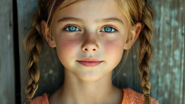 Captivating blueeyed girl with braids displaying subtle expressions of innocence and curiosity