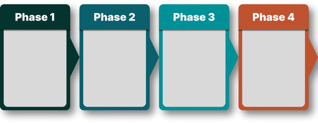 Set of boxes to organize presentation, small, colorful, green and orange flowchart, four phases.