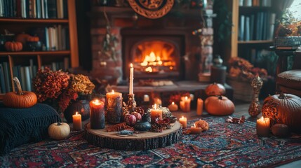 A cozy autumn ritual setup for a pagan-inspired celebration, featuring symbols the season.