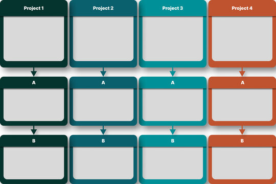 Set of boxes to organize presentation, small, colorful, green and orange flowchart, four projects and three levels.