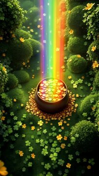 At the end of a bright rainbow on a field of clover stands a pot of gold. The rainbow pours into the pot.  St. Patrick's Day. Lush green landscape with yellow flowers. Vertical video