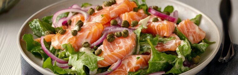 Chilled smoked salmon is beautifully arranged with capers and thinly sliced red onions atop fresh mixed greens. This vibrant salad offers a delightful culinary experience