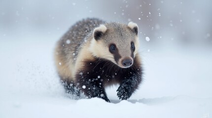 Obraz premium Determined Honey Badger in Snowy Plain