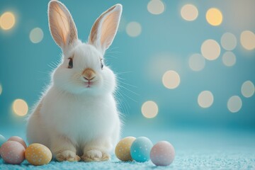 Fototapeta premium A cute Easter bunny with colorful eggs on a bright blue background, spreading festive cheer.