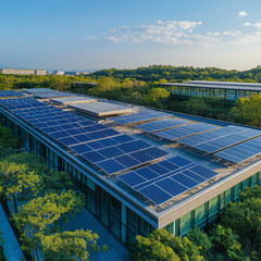 Eco-Friendly Office Building with Rooftop Solar Panels: Sustainable Energy Solution PV sun green    