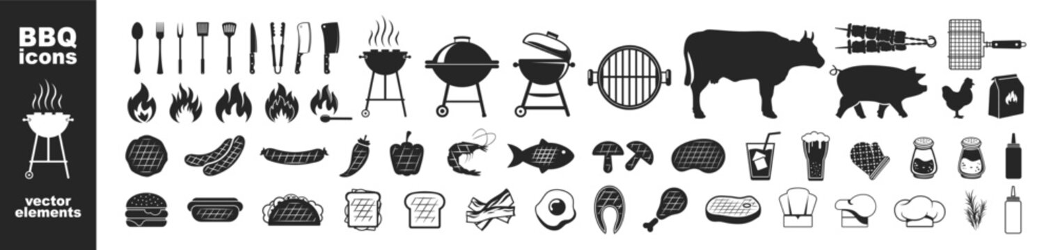 BBQ barbecue and grill icons on transparent background. BBQ party icons set, barbecue, grill or picnic. Grill menu symbol or logo