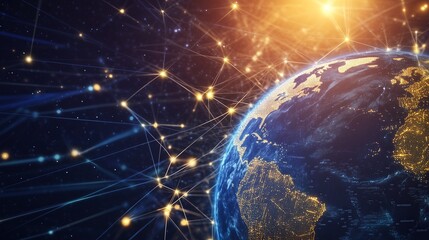 Abstract visualization of a glowing Earth surrounded by interconnected light nodes, symbolizing global communication and technology.