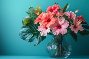 Fototapeta premium Tropical Elegance: Vibrant Pink Hibiscus Flower Bouquet Exuding Exotic Charm and Serene Beauty