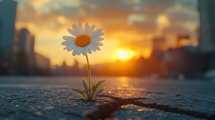 A daisy flower growing through a crack in the asphalt road at sunset, symbolizing renewal.