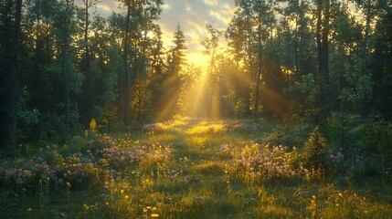 Obraz premium Sunbeams illuminate a forest path at sunrise, wildflowers in bloom.