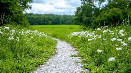 Obraz premium Gravel path through blooming meadow, green forest background, nature scene, peaceful walk