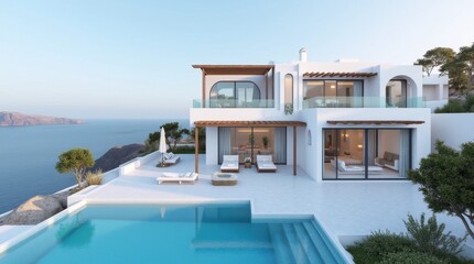 Fototapeta premium Santorini Villa Design: Ultra-Realistic Luxurious Waterfront Property