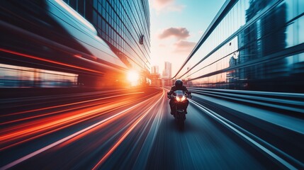 A motorcyclist rides through a futuristic cityscape at sunset, surrounded by streaks of motion blur and glowing lights.