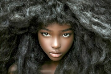 Gorgeous calm black girl - for ads, magazine ad and internet use. Commercial promotion idea. Long haircut - curly hair. Stunning african elegance. Chic advertising style. Black female model.