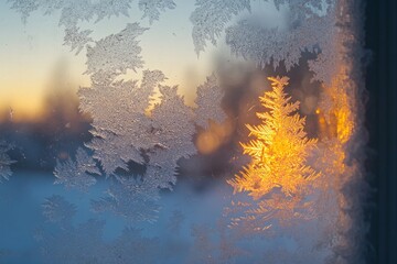 Frost patterns on window, sunset backdrop, winter scene
