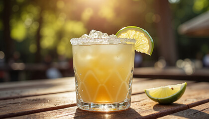 Refreshing margarita cocktail with lime on wooden table
