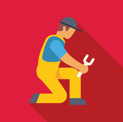 Mechanic kneeling and holding a wrench, depicted in a colorful, flat design against a red background