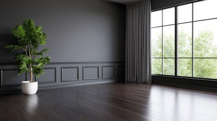 Fototapeta premium Dark room interior design, plant, window view