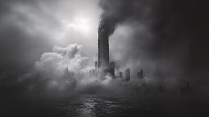 The city is consumed by smoke and fire as the factory's smokestacks emit thick black plumes into the sky.