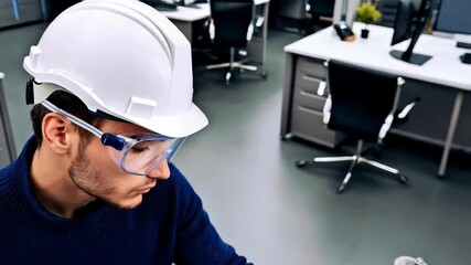 Engineer analyzing plans in modern office with safety gear focused on project development
