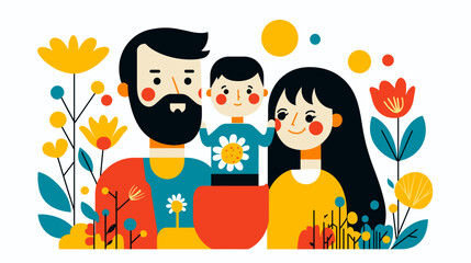 vibrant vector illustration, simple colors and shapes, flat design, happy caucasian family with father mother and child, isolated on white. Togetherness concept.