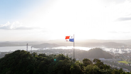 Panamanian flag hoisted over Cerro Ancon, drone view