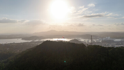 Panamanian flag hoisted over Cerro Ancon, drone view