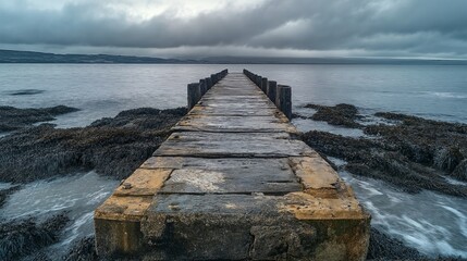 Fototapeta premium A long stone pier extends out into the water under dark stormy clouds.