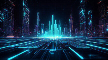 Futuristic city skyline with glowing sound waves