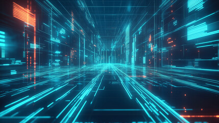 Fototapeta premium Futuristic digital corridor with neon blue lights