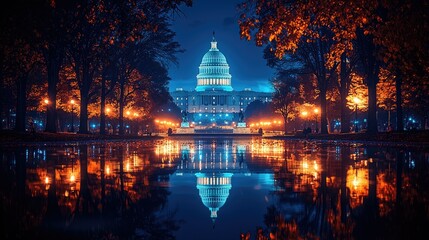 Obraz premium Night view of the US Capitol building reflecting in water