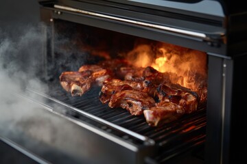 Juicy cuts of meat are being expertly smoked inside a barbecue smoker, surrounded by dancing flames and swirling smoke, creating an enticing cooking atmosphere